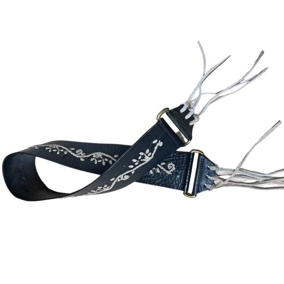 Olga Santini Womens‎ Leather Belt Fringe Boho 29”long Black Embroidered - Picture 1 of 12
